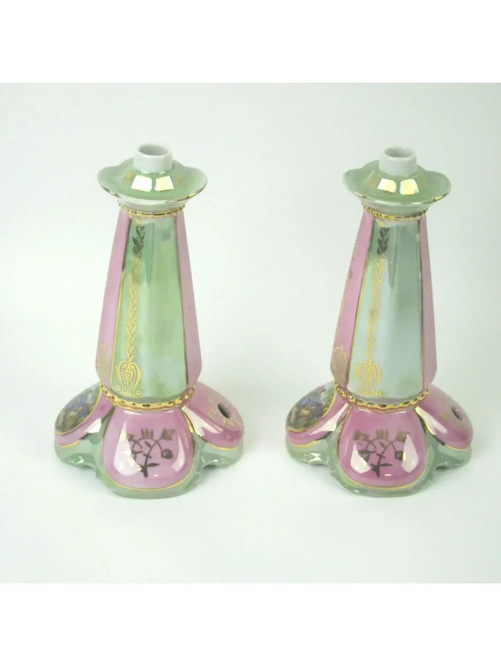 Antique Porcelain Lusterware Lamp Base Pink Green Gold Angelica Kauffman Germany